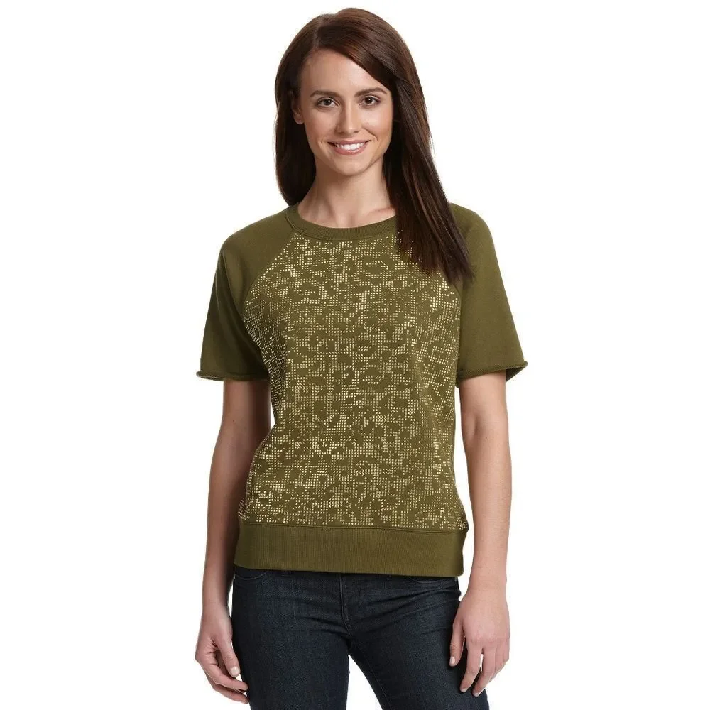 New! MICHAEL KORS Studded-Front Short Sleeve Raglan Sweater Duffle Green Size XS
